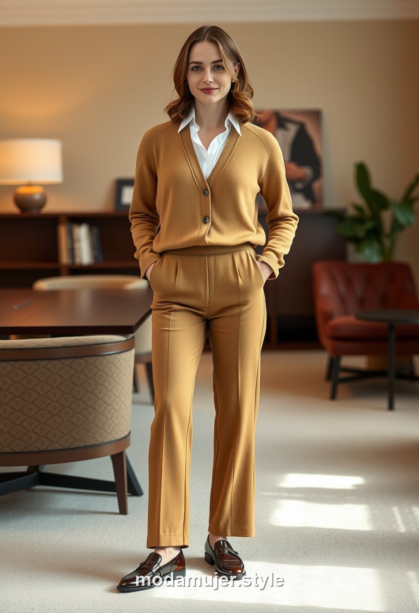 Mujer con conjunto de punto camel coordinado en el trabajo