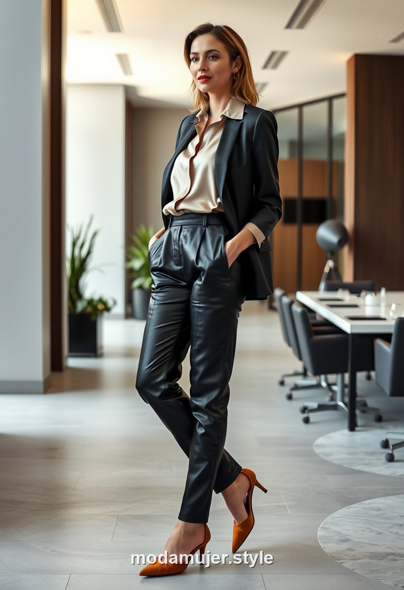 Mujer con pantalon de cuero negro y blusa satinada en la oficina