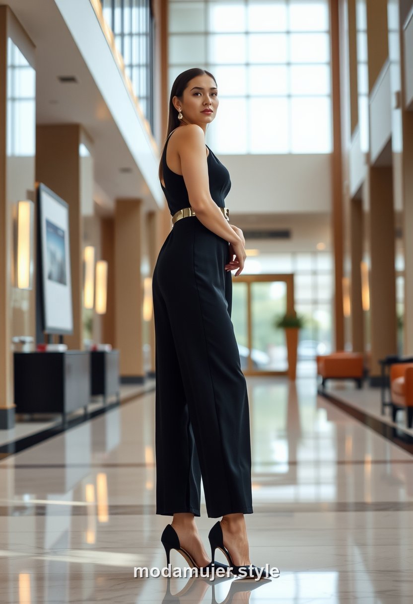 Mujer con mono largo negro elegante en la oficina