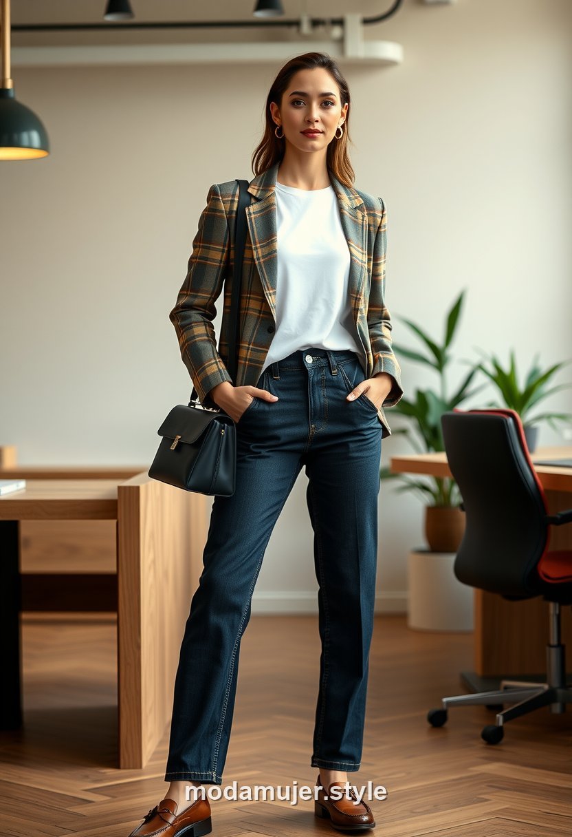 Mujer con americana de cuadros y vaqueros rectos en oficina creativa