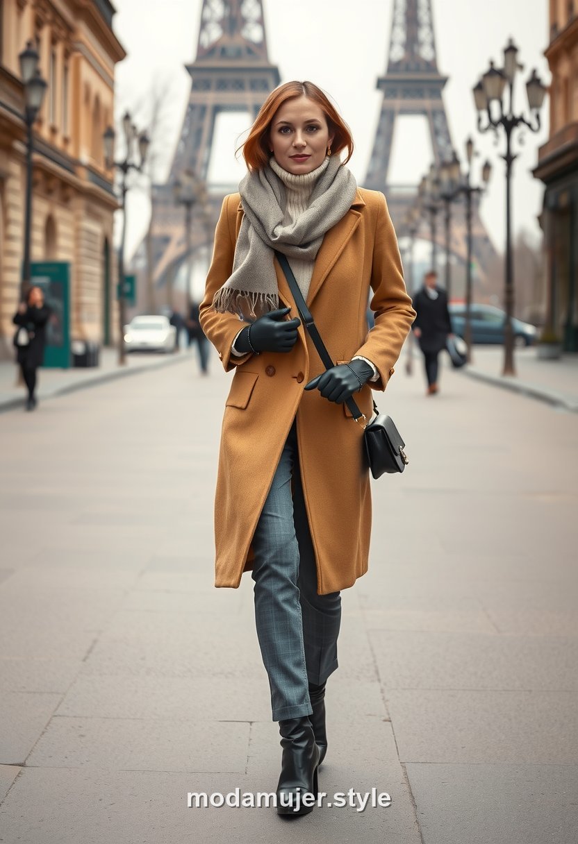 Mujer con abrigo largo camel y bufanda XL paseando junto a la Torre Eiffel en invierno