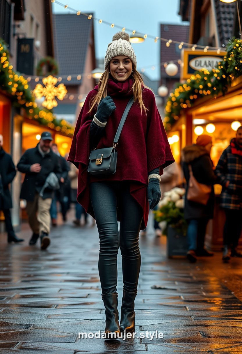 Mujer con capa de lana burdeos y gorro en el mercado de Navidad de Estrasburgo