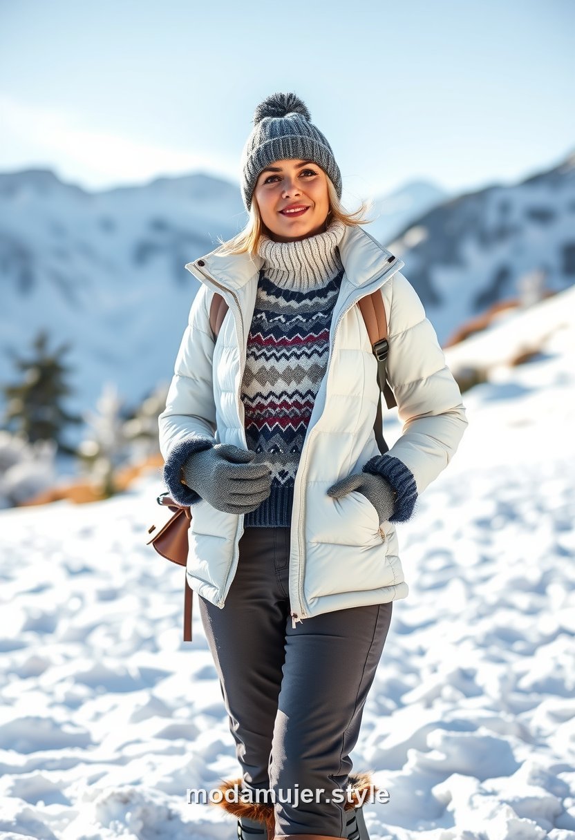 Mujer con puffer blanco y gorro con pompon en la nieve de Chamonix con el Mont Blanc al fondo