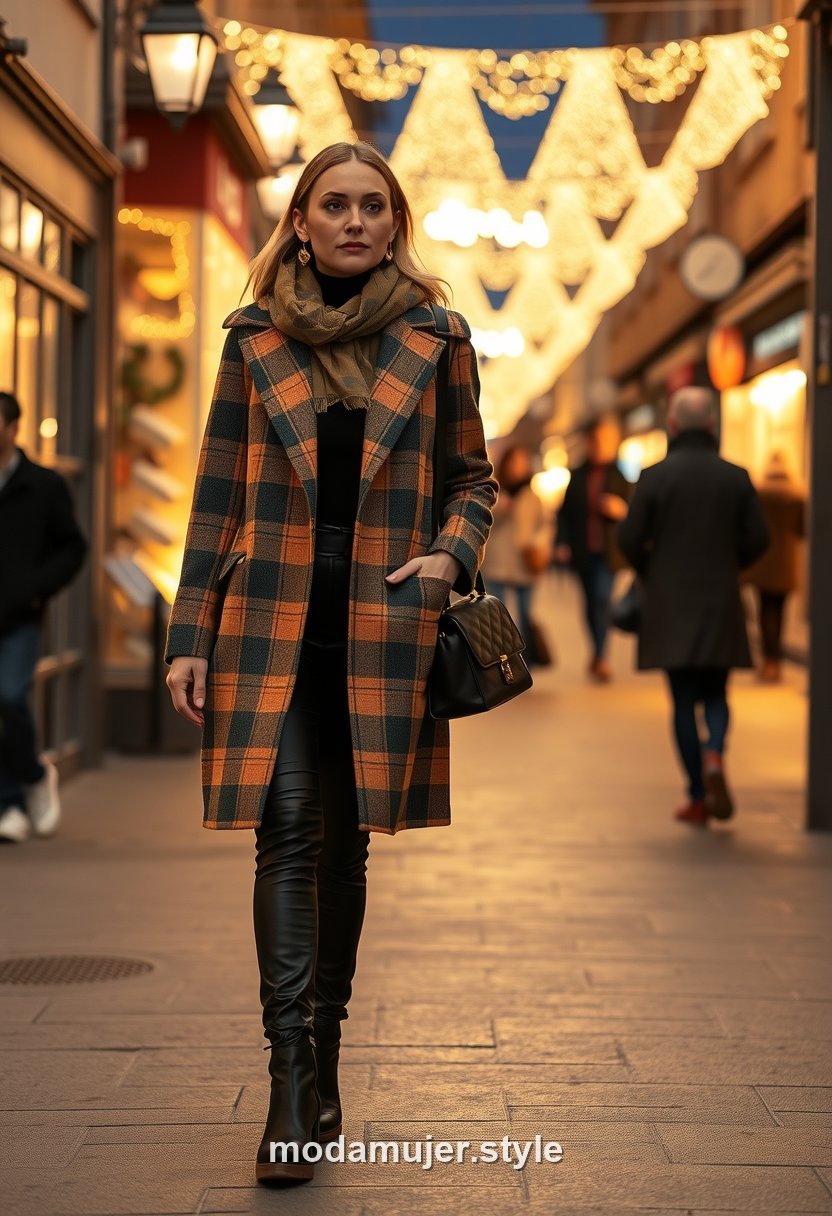 Mujer con abrigo de cuadros y pantalon de cuero en las calles iluminadas de Lyon