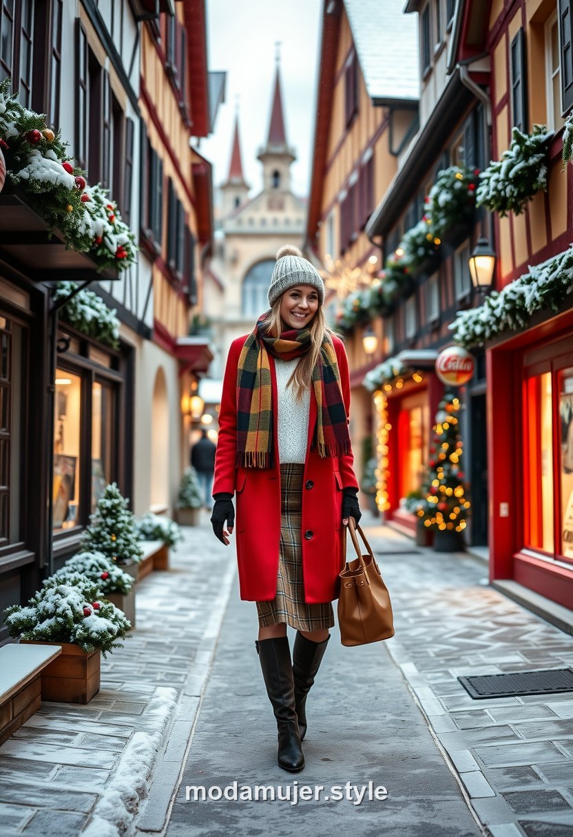 Mujer con abrigo rojo y jersey blanco entre las casas de colores de Colmar en Navidad