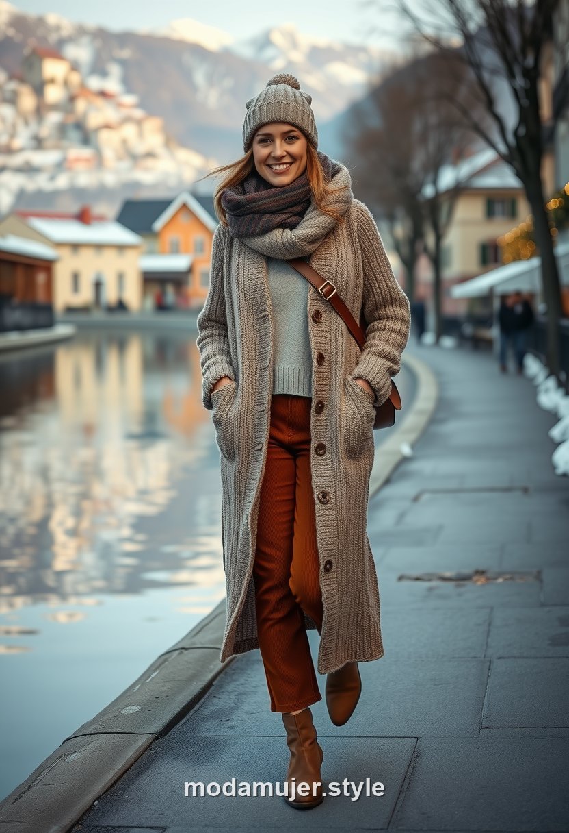 Mujer con cardigan de punto avena y pantalon de pana paseando por los canales de Annecy en invierno