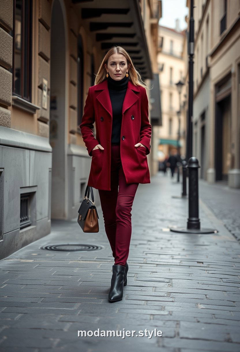 Mujer con total look burdeos elegante en una calle senorial de Burdeos en invierno