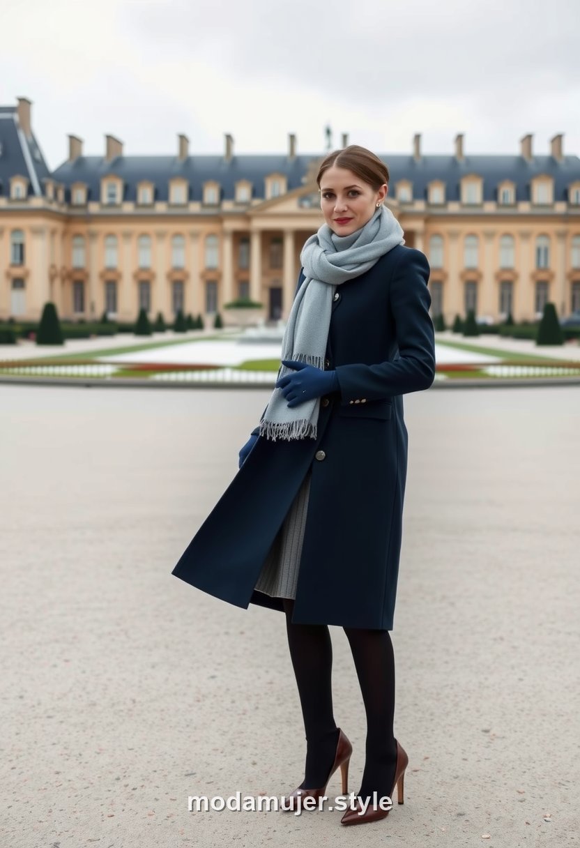 Mujer con abrigo largo azul noche y botas altas frente al Palacio de Versalles en invierno