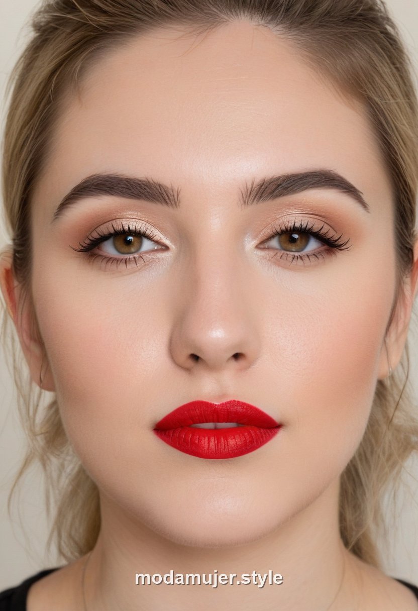 Mujer con labios rojos clásicos y ojos sencillos