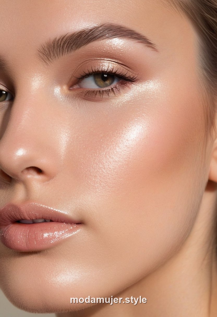 Mujer con maquillaje glow luminoso e iluminador