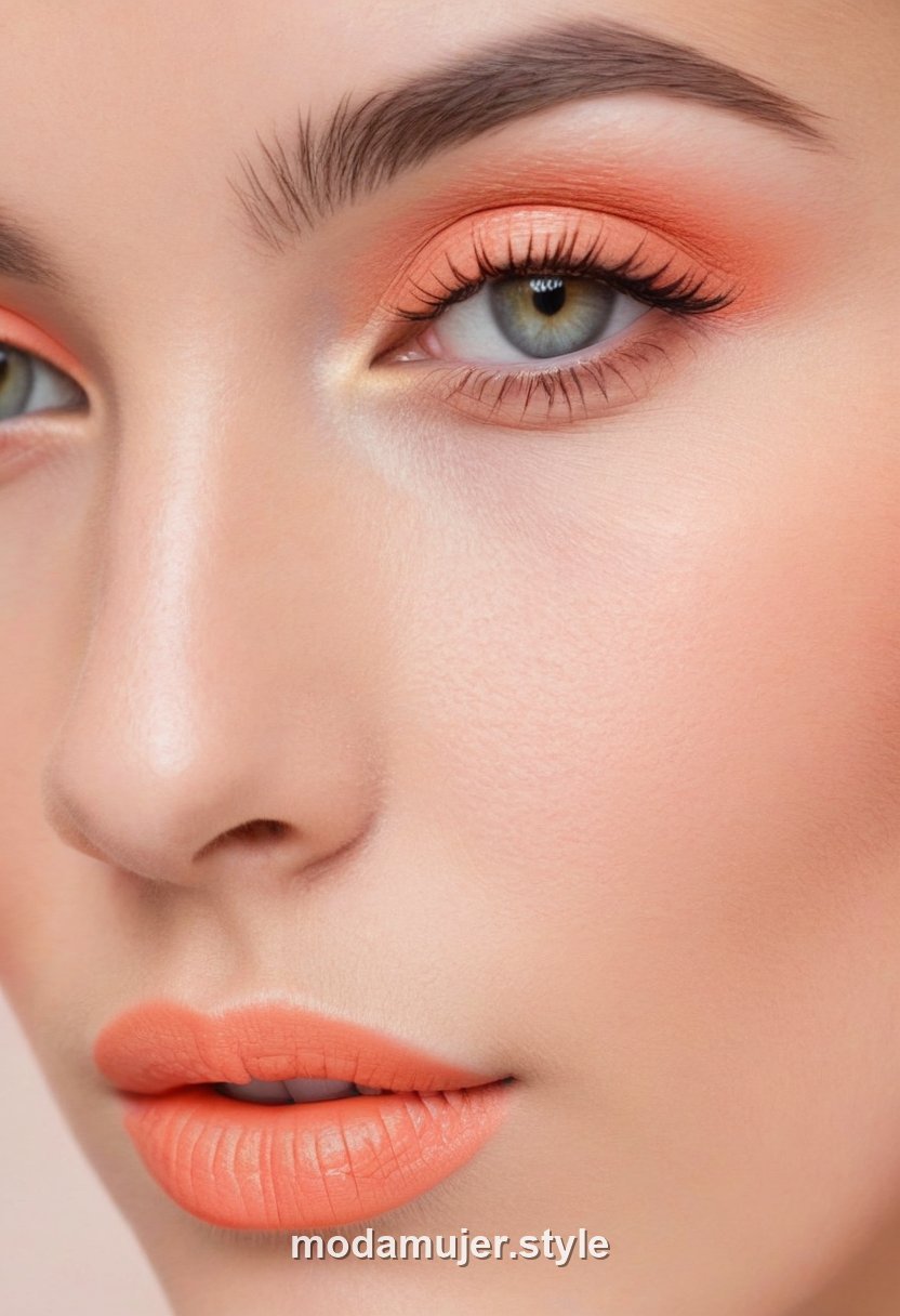 Mujer con maquillaje monocromático en tonos coral