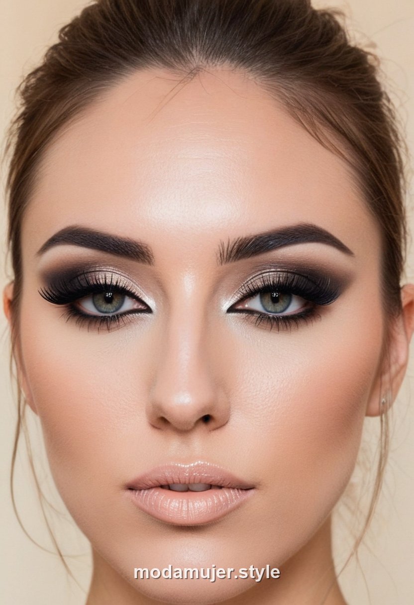 Mujer con smokey eye negro intenso de noche