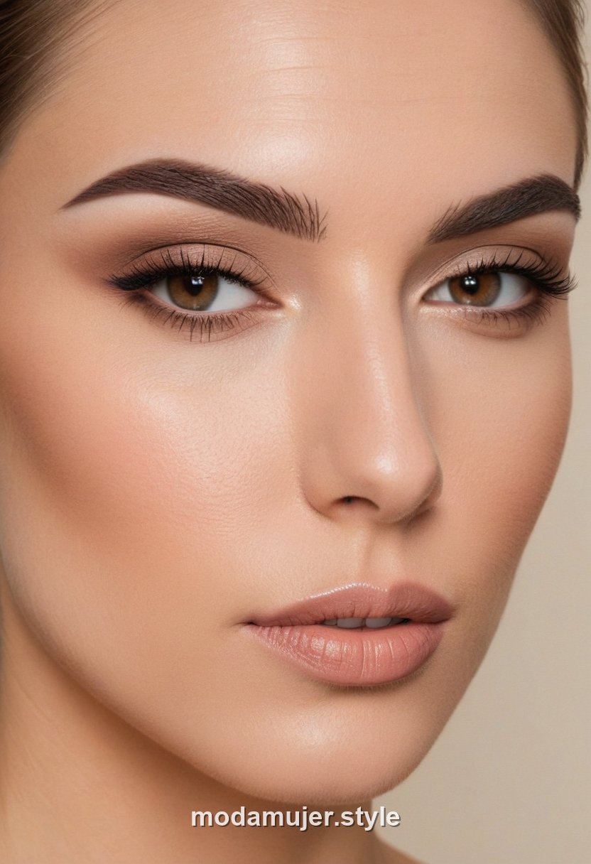 Mujer con maquillaje nude total en tonos beige