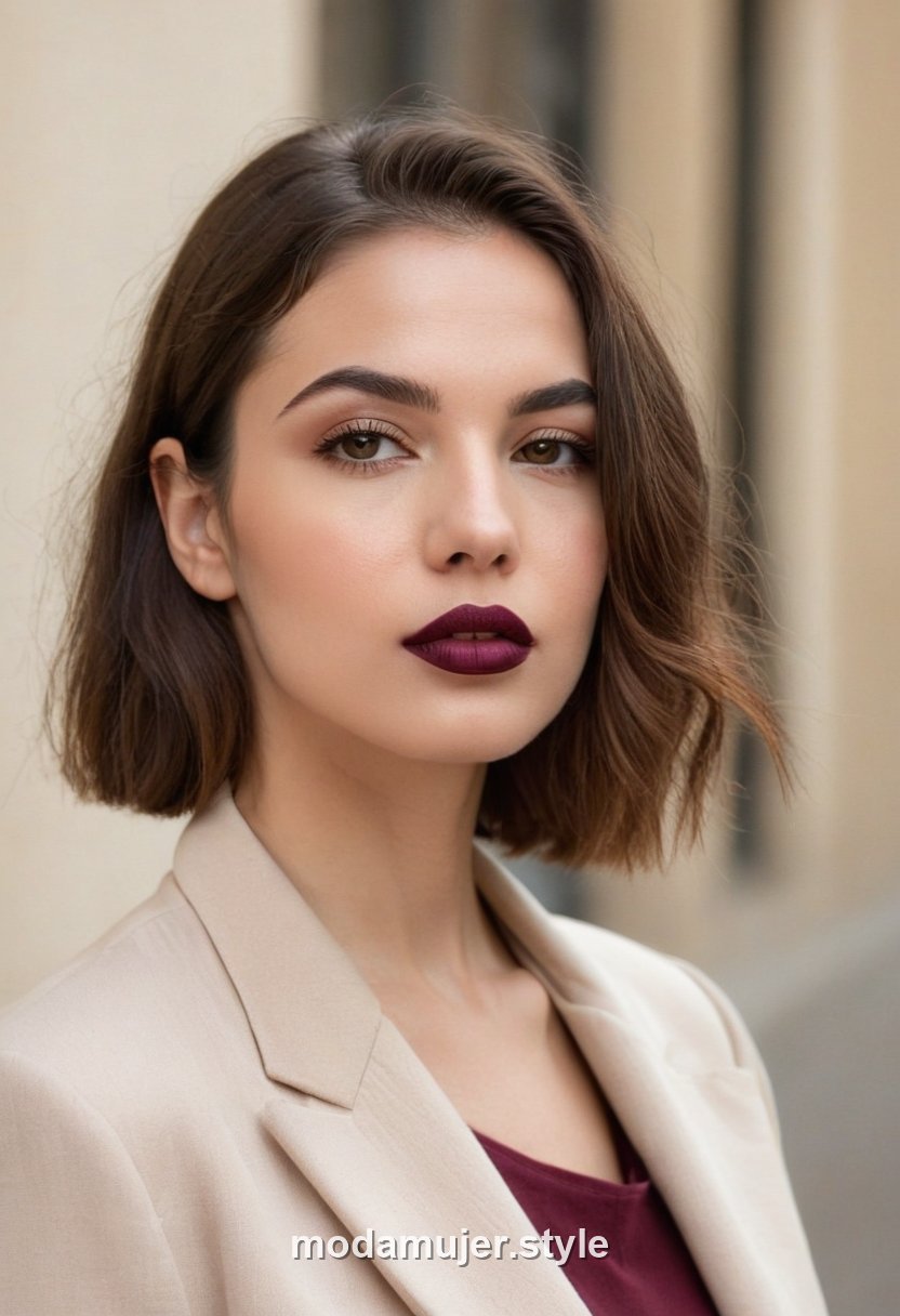 Mujer con labios en tono vino burdeos