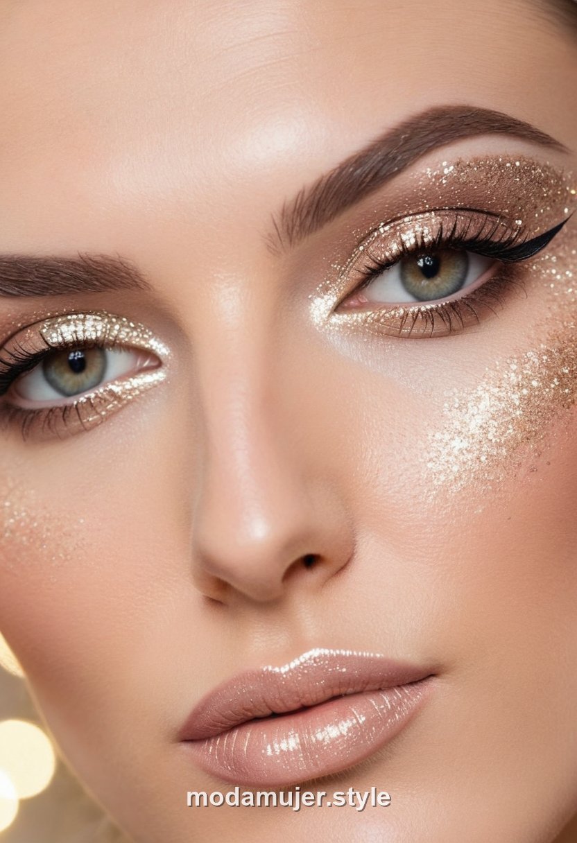 Mujer con ojos decorados con purpurina glitter