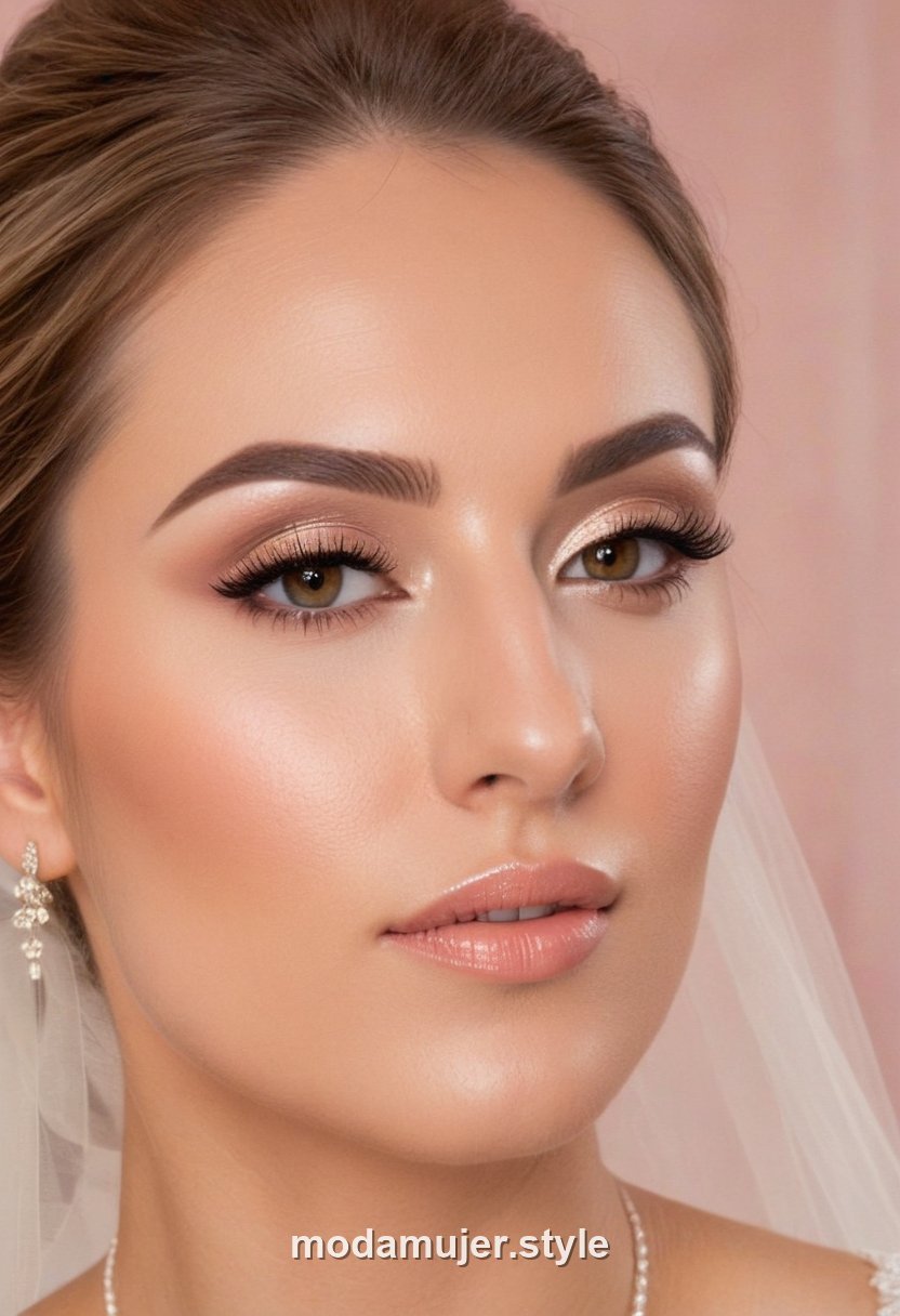 Mujer con maquillaje de novia natural y luminoso