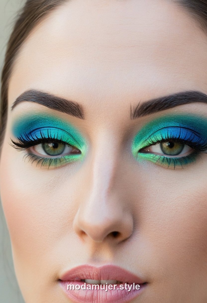 Mujer con sombras de color azul o verde tendencia