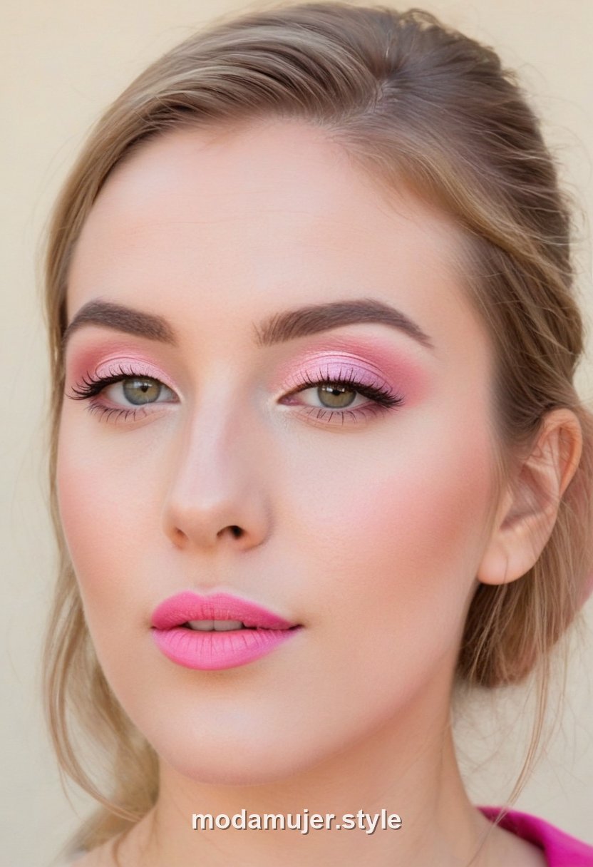 Mujer con maquillaje rosado romántico