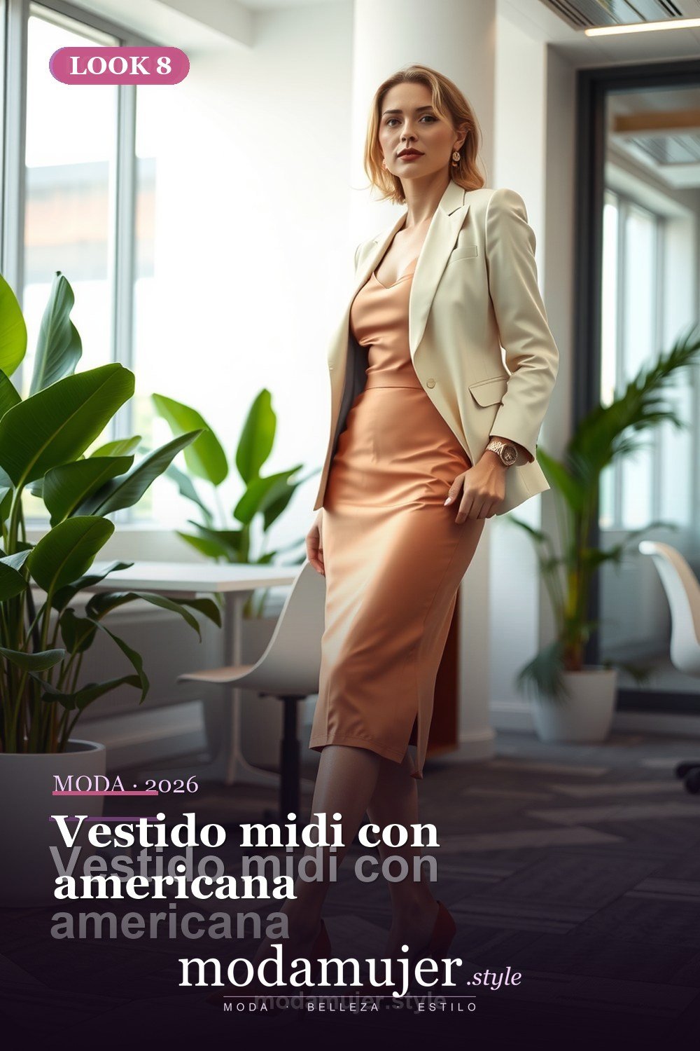 Vestido midi con americana — 30 looks de oficina para mujer en 2026: ideas elegantes para trabajar