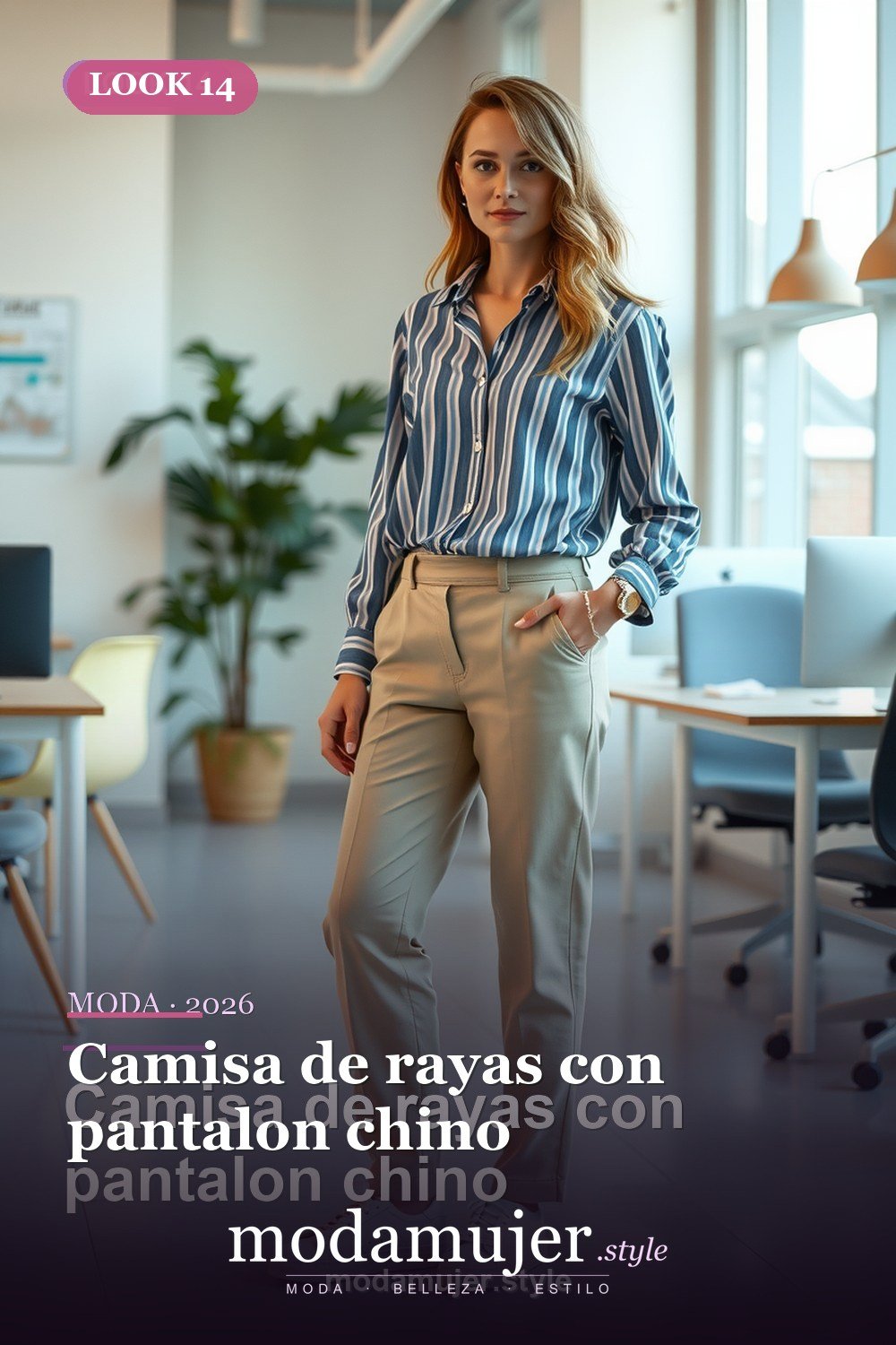 Camisa de rayas con pantalon chino — 30 looks de oficina para mujer en 2026: ideas elegantes para trabajar