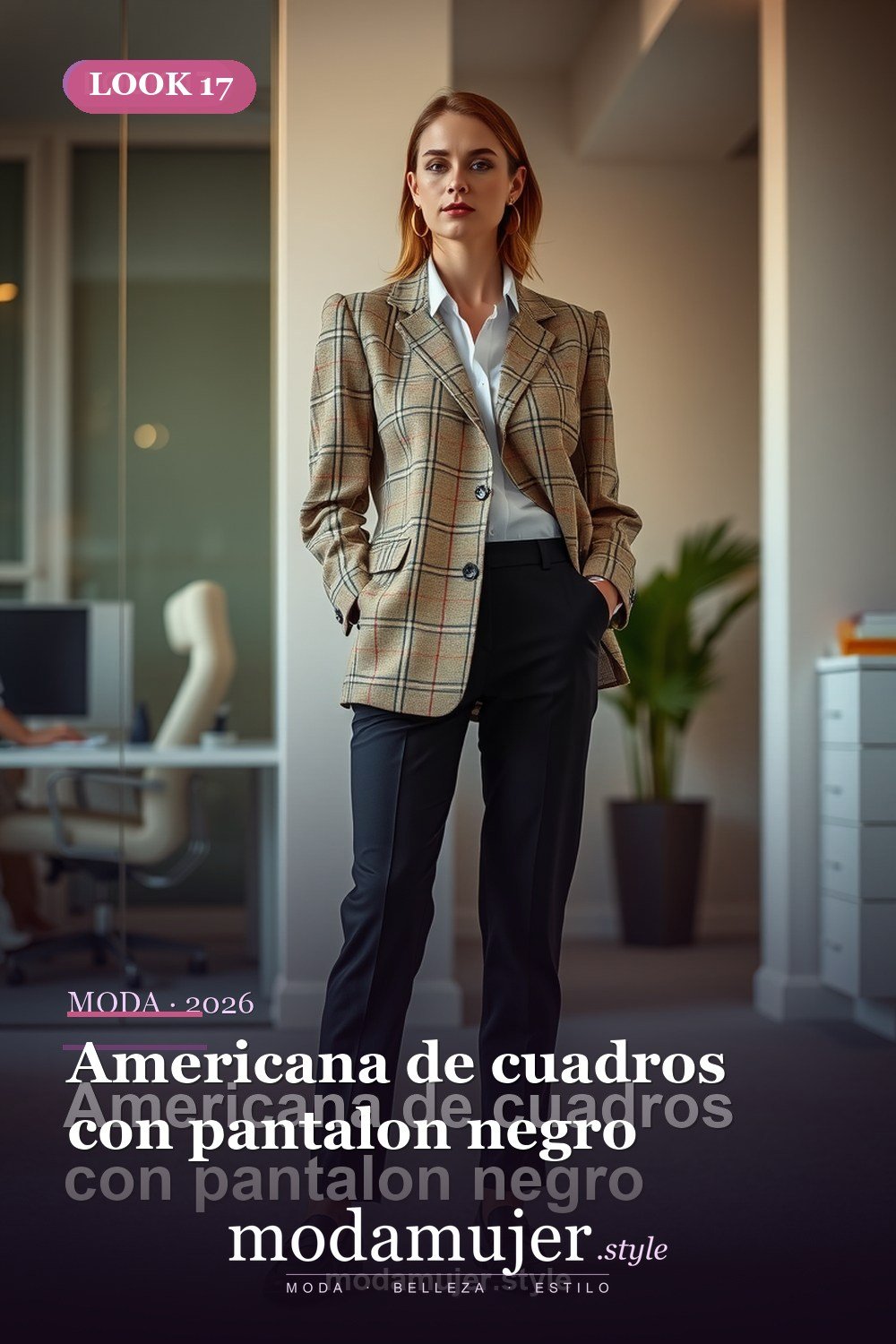 Americana de cuadros con pantalon negro — 30 looks de oficina para mujer en 2026: ideas elegantes para trabajar