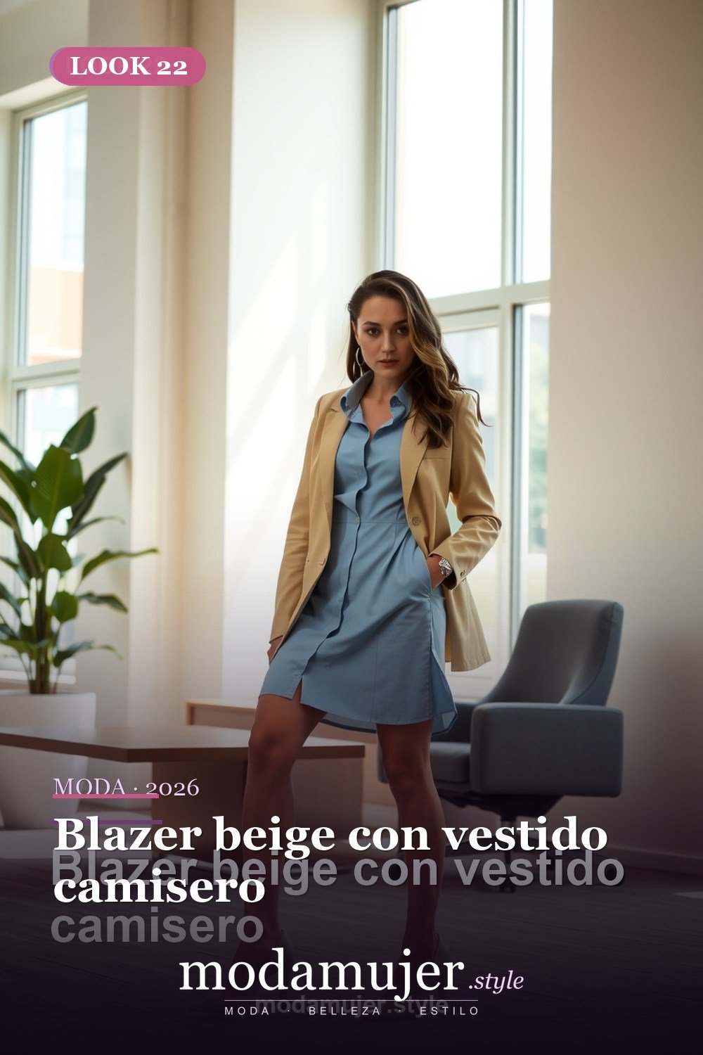 Blazer beige con vestido camisero — 30 looks de oficina para mujer en 2026: ideas elegantes para trabajar