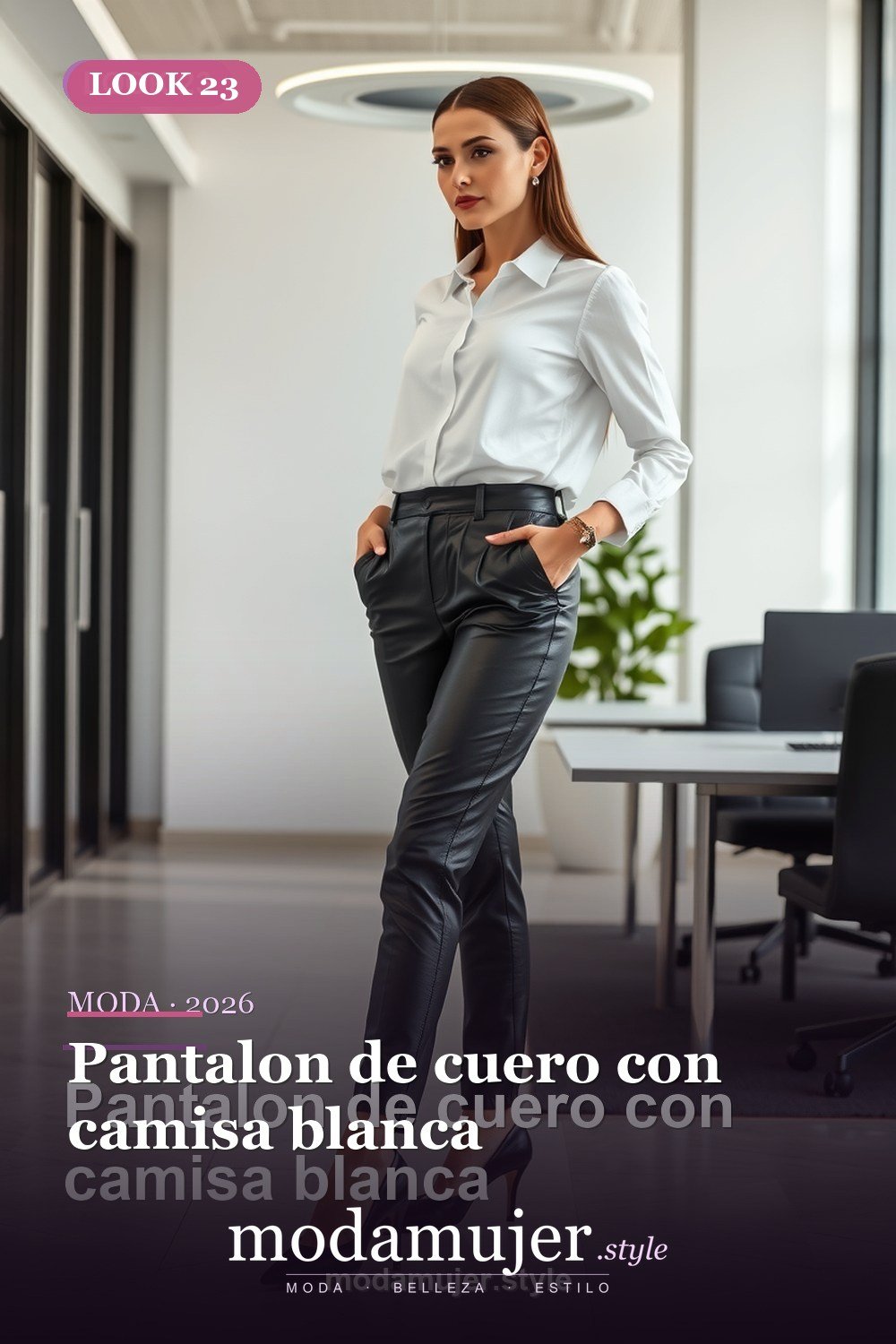 Pantalon de cuero con camisa blanca — 30 looks de oficina para mujer en 2026: ideas elegantes para trabajar