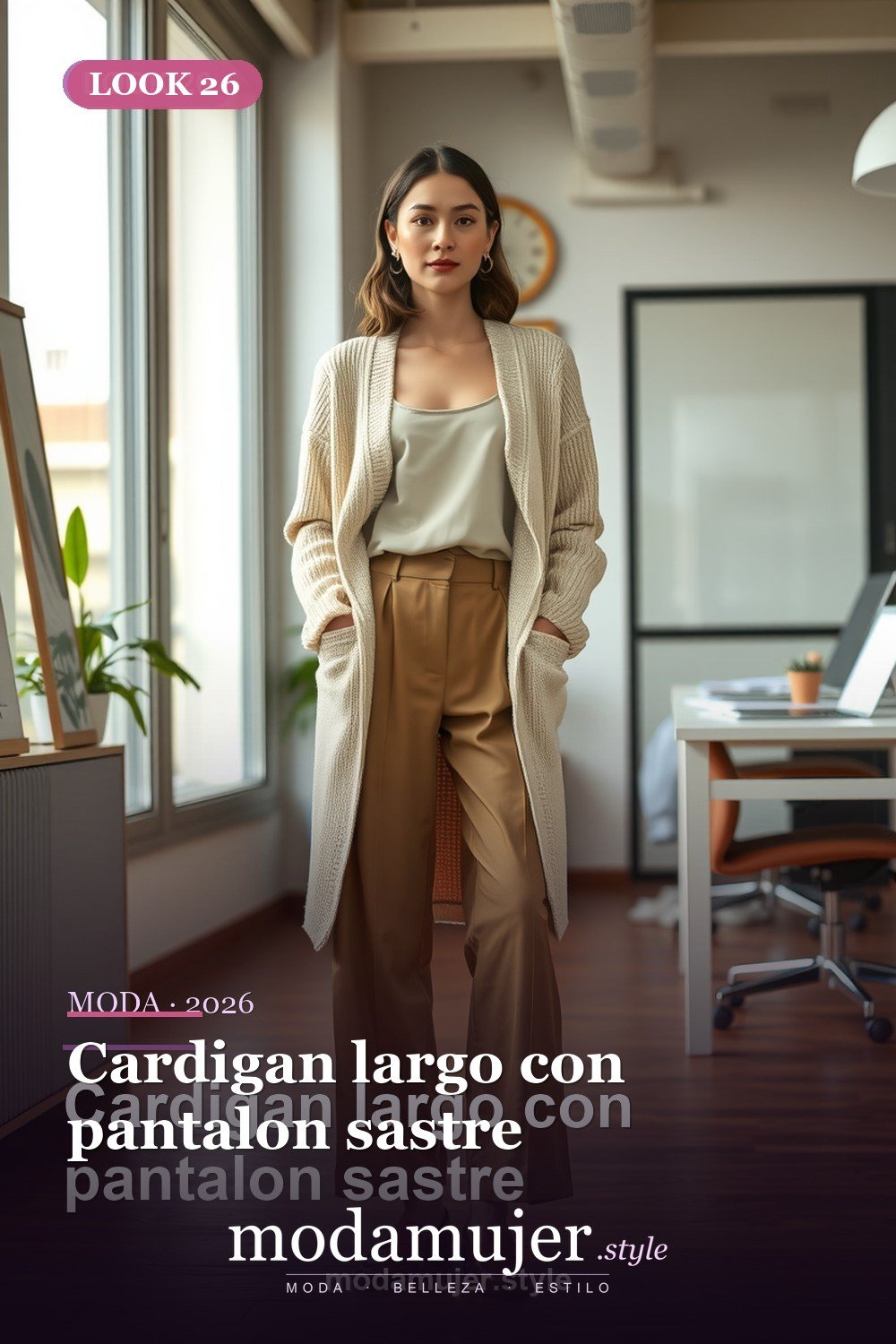 Cardigan largo con pantalon sastre — 30 looks de oficina para mujer en 2026: ideas elegantes para trabajar