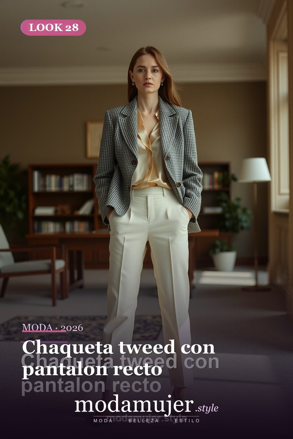 Chaqueta tweed con pantalon recto — 30 looks de oficina para mujer en 2026: ideas elegantes para trabajar