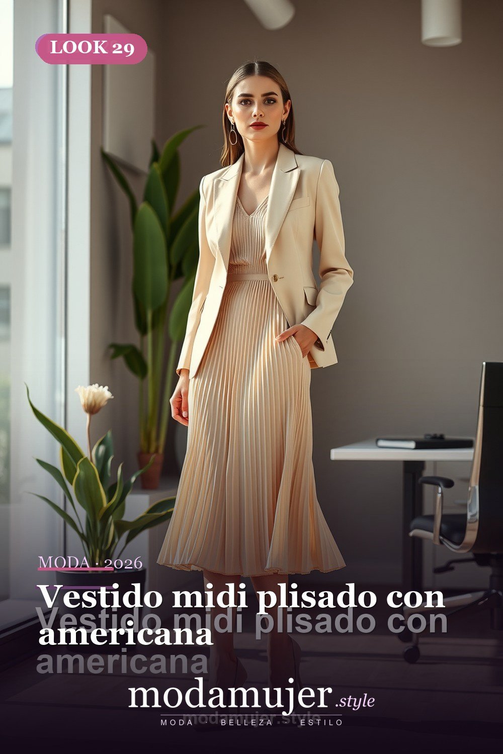 Vestido midi plisado con americana — 30 looks de oficina para mujer en 2026: ideas elegantes para trabajar
