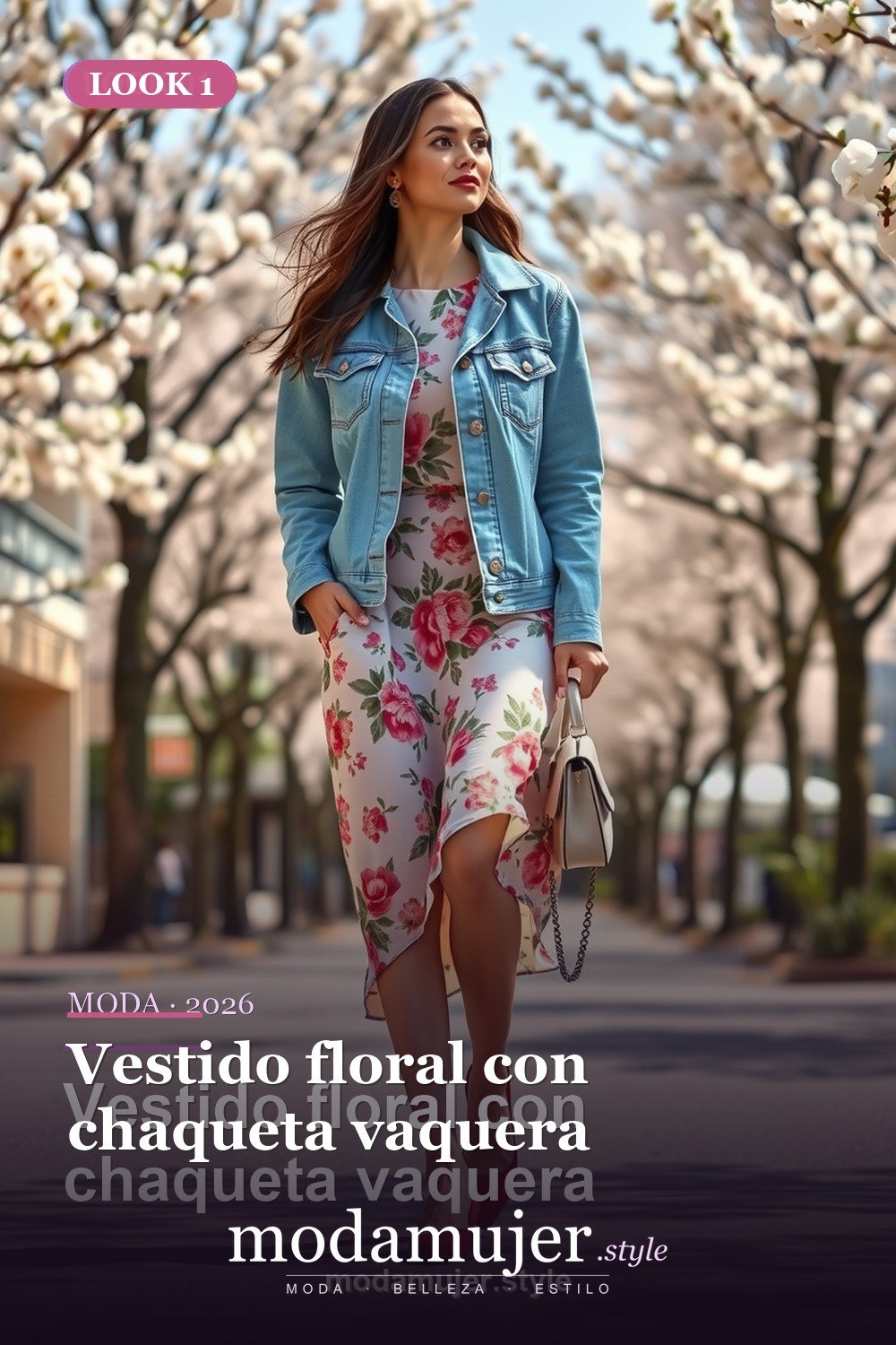 Vestido floral con chaqueta vaquera — 30 looks de primavera para mujer en 2026: ideas de entretiempo