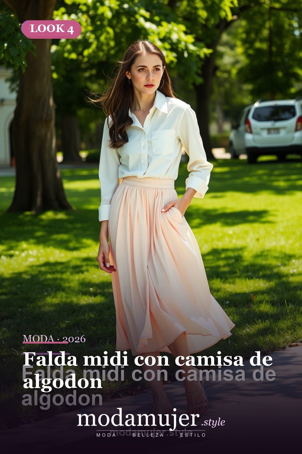 Falda midi con camisa de algodon — 30 looks de primavera para mujer en 2026: ideas de entretiempo