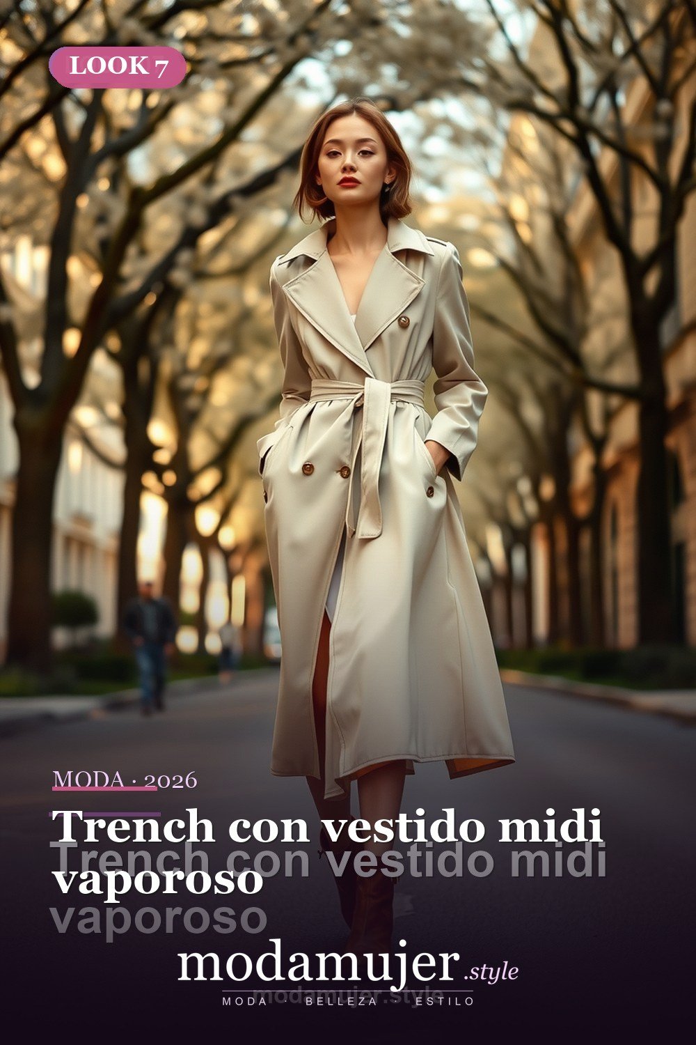Trench con vestido midi vaporoso — 30 looks de primavera para mujer en 2026: ideas de entretiempo