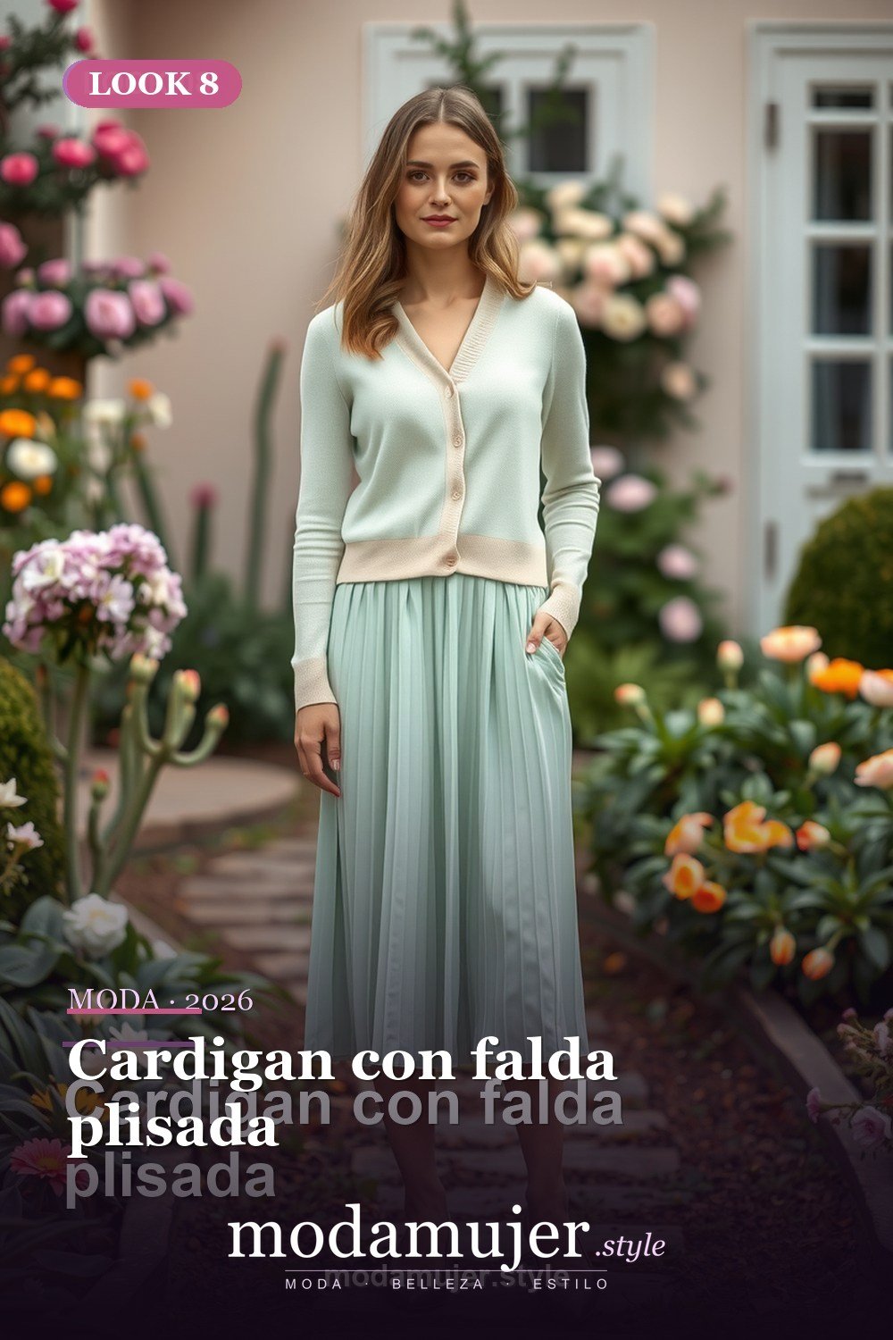 Cardigan con falda plisada — 30 looks de primavera para mujer en 2026: ideas de entretiempo