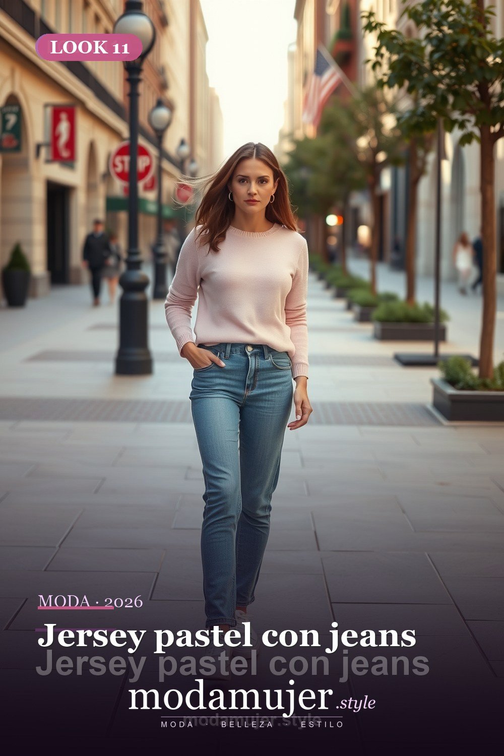 Jersey pastel con jeans — 30 looks de primavera para mujer en 2026: ideas de entretiempo