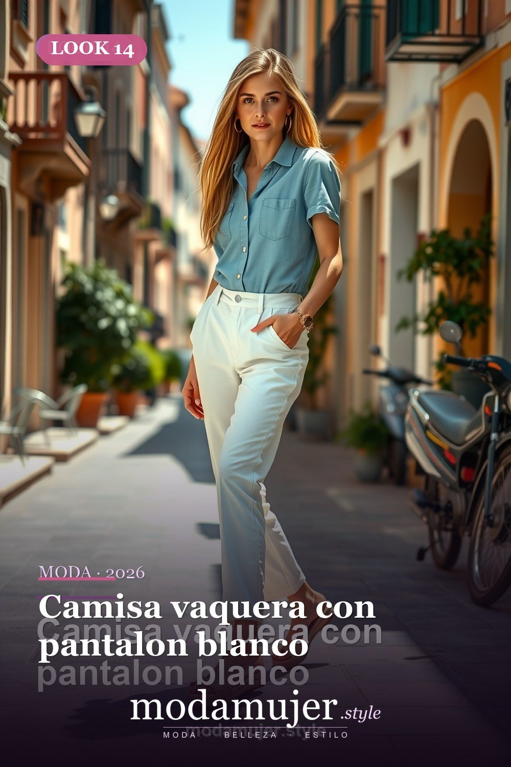 Camisa vaquera con pantalon blanco — 30 looks de primavera para mujer en 2026: ideas de entretiempo