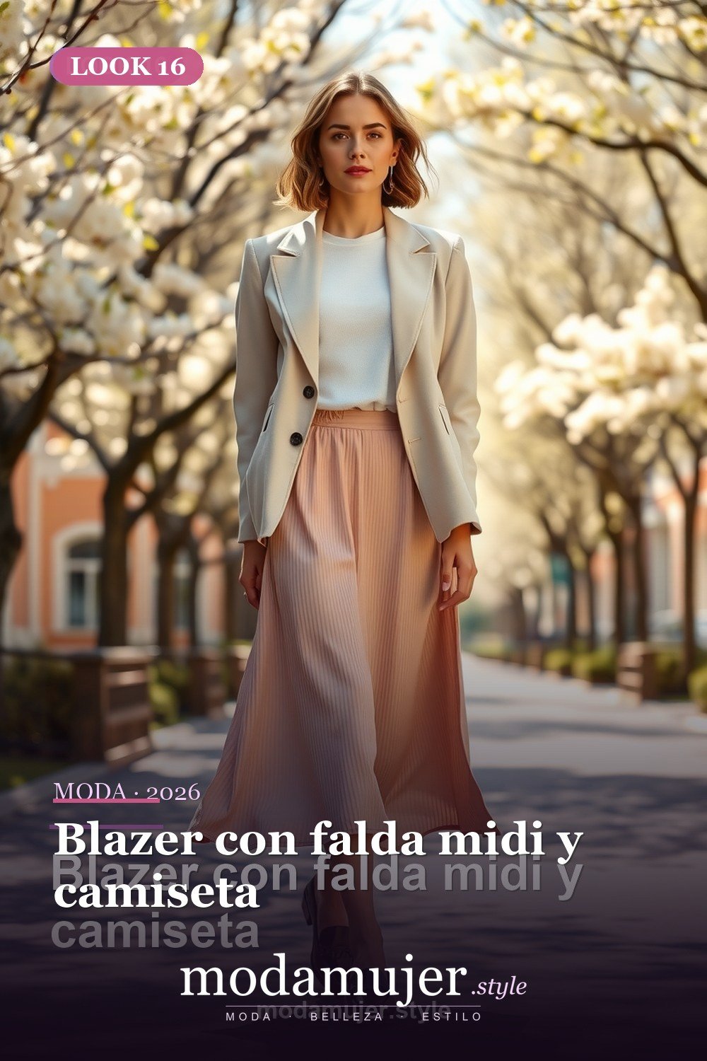 Blazer con falda midi y camiseta — 30 looks de primavera para mujer en 2026: ideas de entretiempo