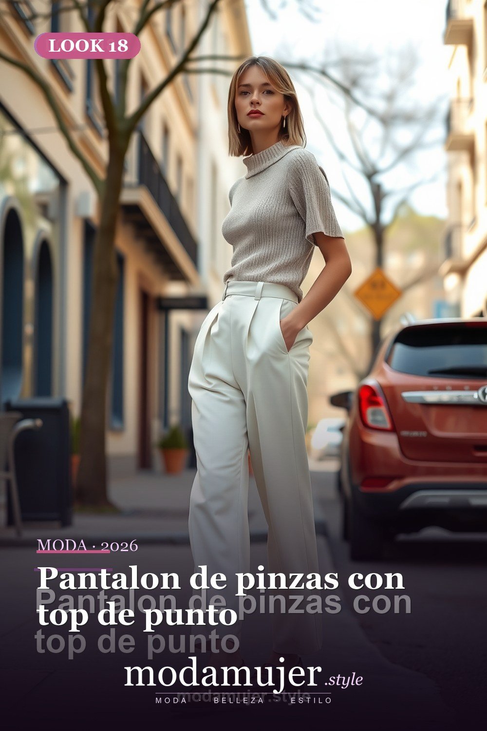 Pantalon de pinzas con top de punto — 30 looks de primavera para mujer en 2026: ideas de entretiempo