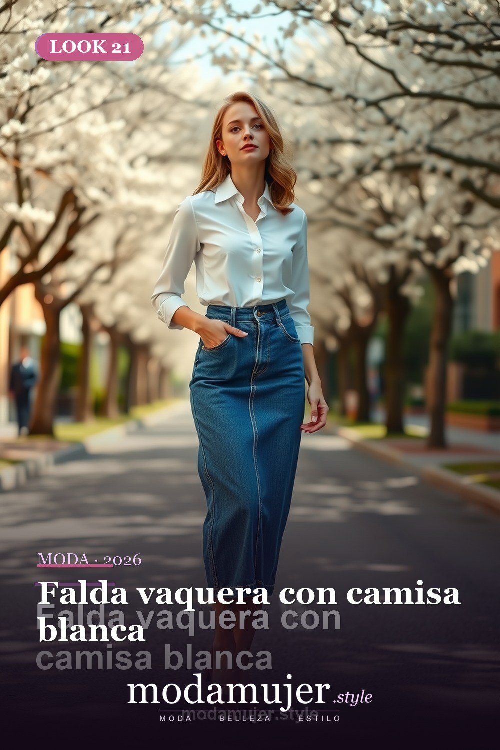 Falda vaquera con camisa blanca — 30 looks de primavera para mujer en 2026: ideas de entretiempo