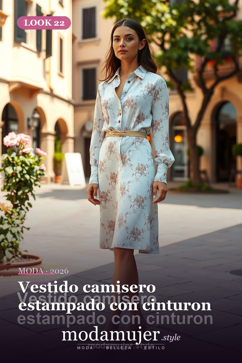 Vestido camisero estampado con cinturon — 30 looks de primavera para mujer en 2026: ideas de entretiempo