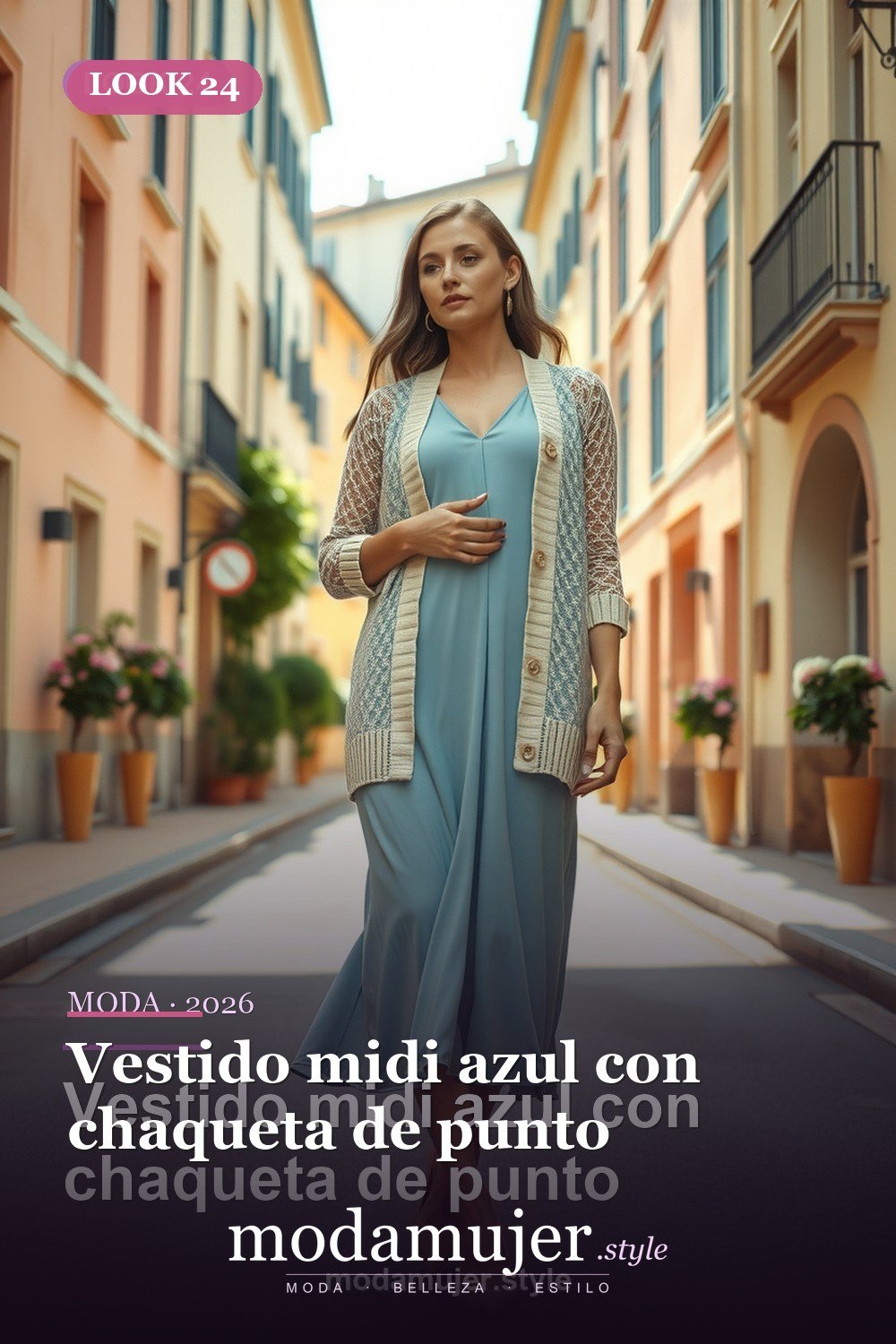 Vestido midi azul con chaqueta de punto — 30 looks de primavera para mujer en 2026: ideas de entretiempo