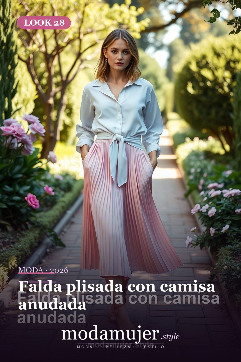Falda plisada con camisa anudada — 30 looks de primavera para mujer en 2026: ideas de entretiempo