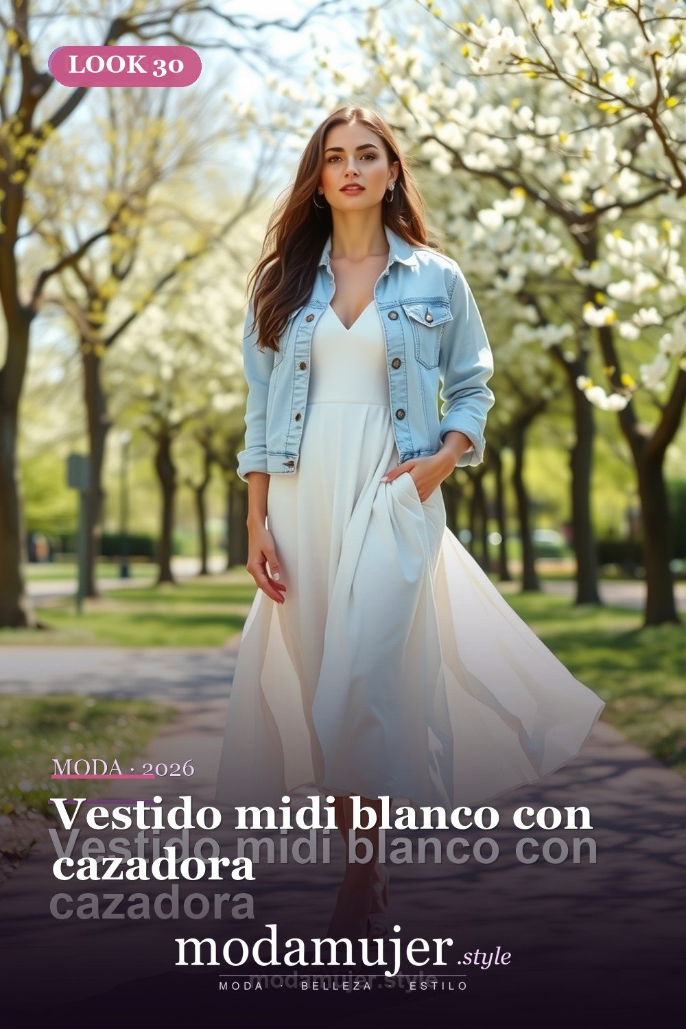 Vestido midi blanco con cazadora — 30 looks de primavera para mujer en 2026: ideas de entretiempo