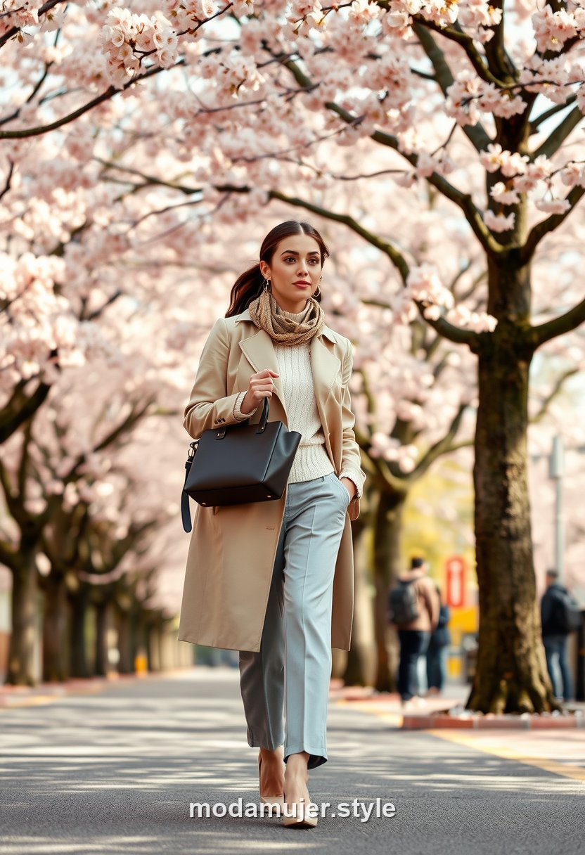Mujer con gabardina beige y jersey blanco entre cerezos en flor en Tokio