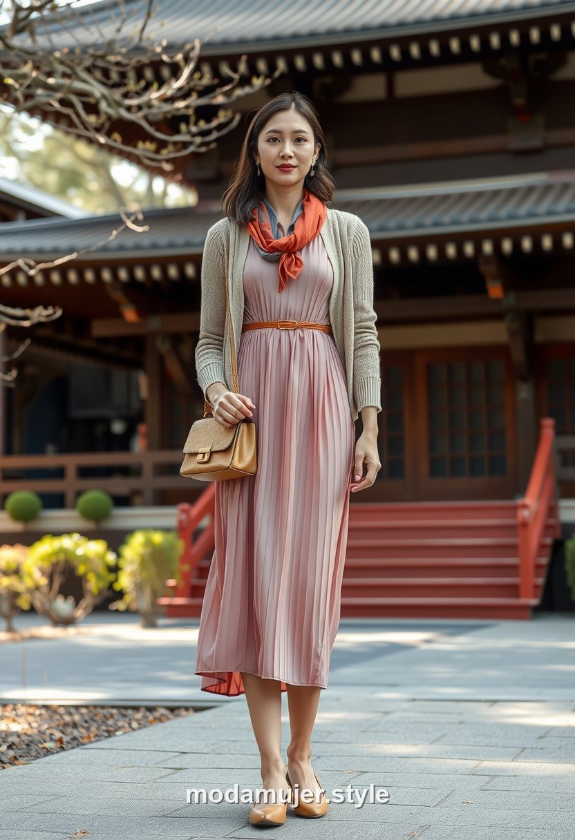 Mujer con vestido midi rosa palo y cardigan beige frente a un templo tradicional de Kioto