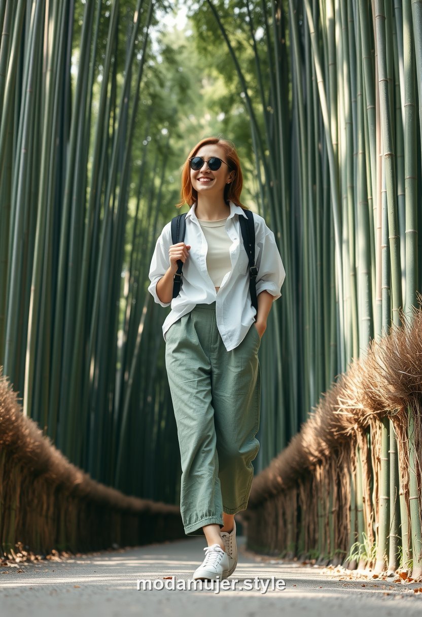 Mujer con camisa blanca y culotte verde salvia en el bosque de bambu de Arashiyama