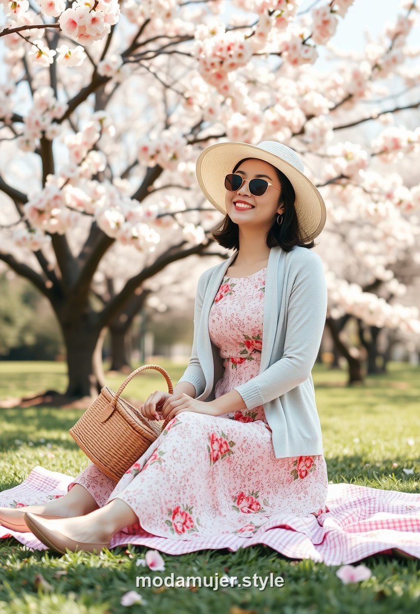 Mujer con vestido midi floral pastel en un picnic de hanami bajo cerezos en flor
