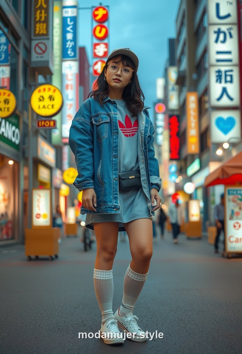 Mujer con cazadora vaquera y zapatillas en las calles de neon de Dotonbori en Osaka
