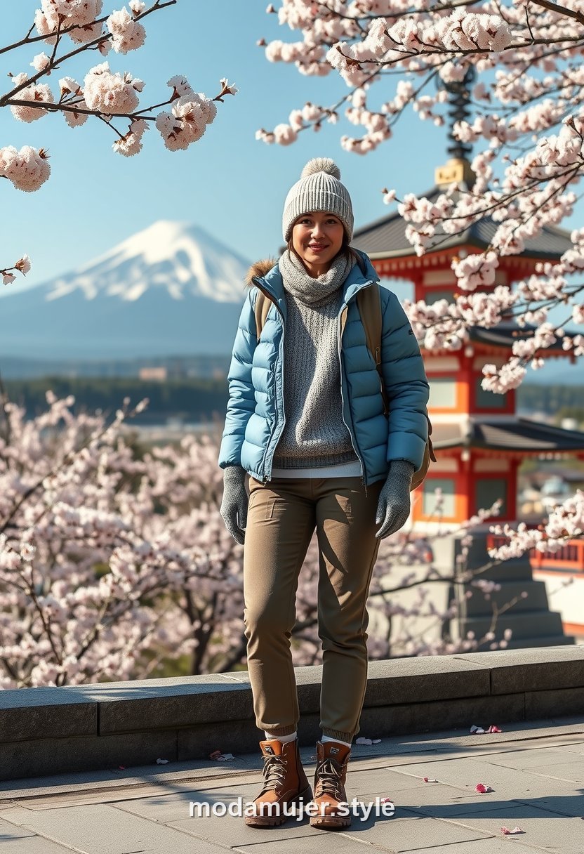 Mujer con chaqueta acolchada azul y mochila ante el Monte Fuji y la pagoda Chureito