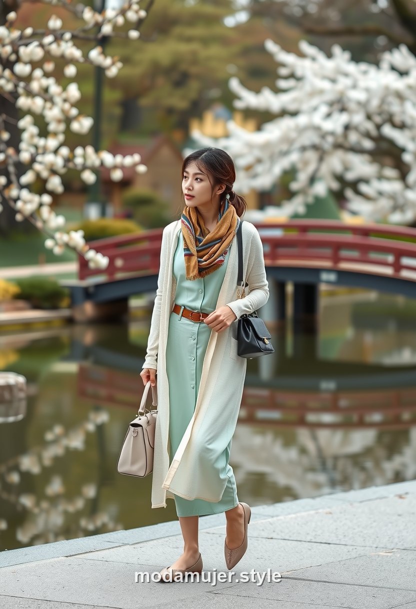 Mujer con vestido verde menta y cardigan crema en el jardin Kenroku-en de Kanazawa